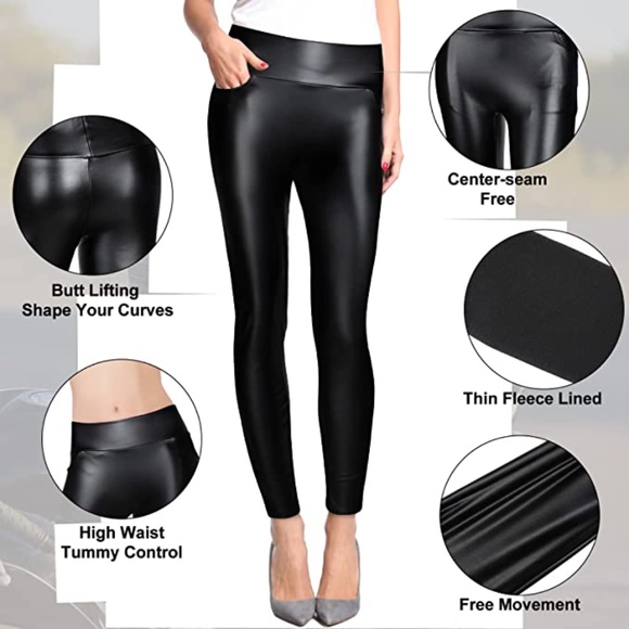 New Women's Stretchy Faux Leather Leggings Pants with Pockets Black XL - Picture 6 of 6